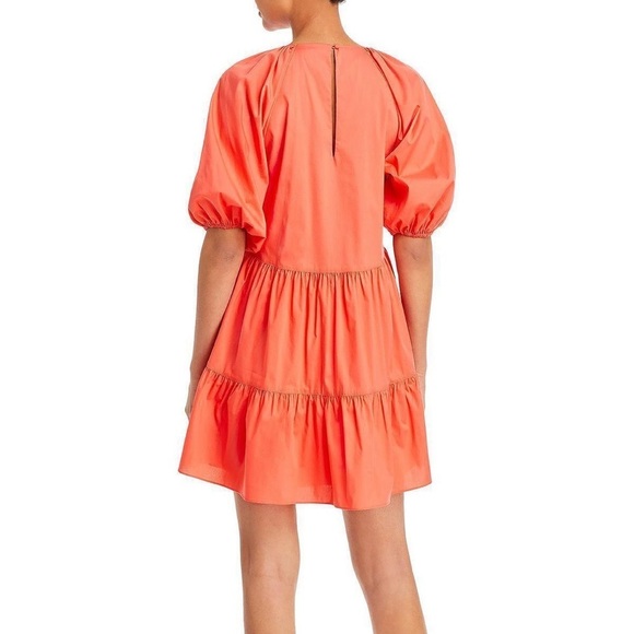 New Cinq a Sept Lynn Tiered Puff Sleeve Mini Dress in Neon Coral Orange | Size 4 - Picture 2 of 12
